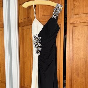 Faviana One Shoulder Black and Cream Dress